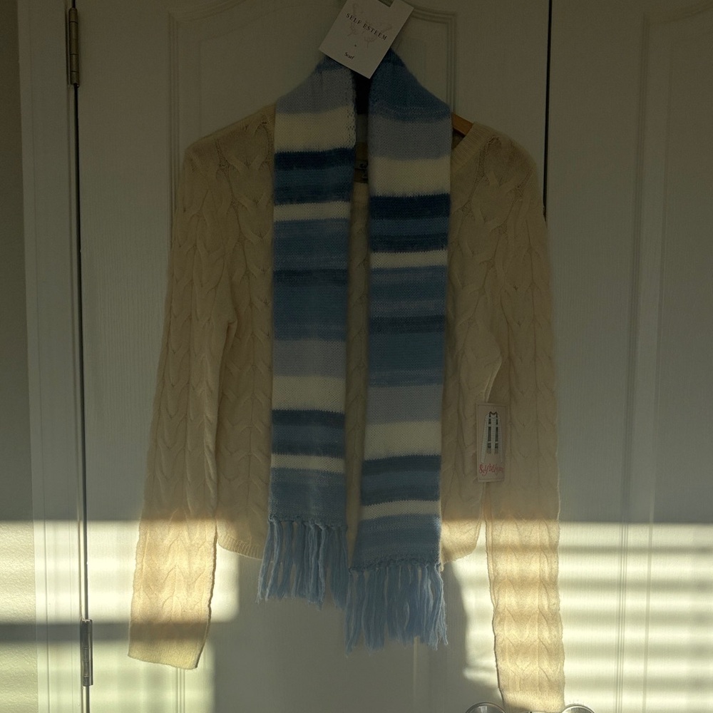 Self Esteem Cream Cable Knit Sweater with Blue Striped Scarf